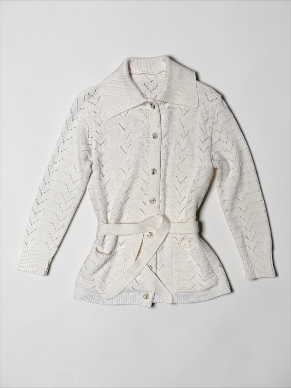 Cream Pointelle Belted Knit Cardigan Size S